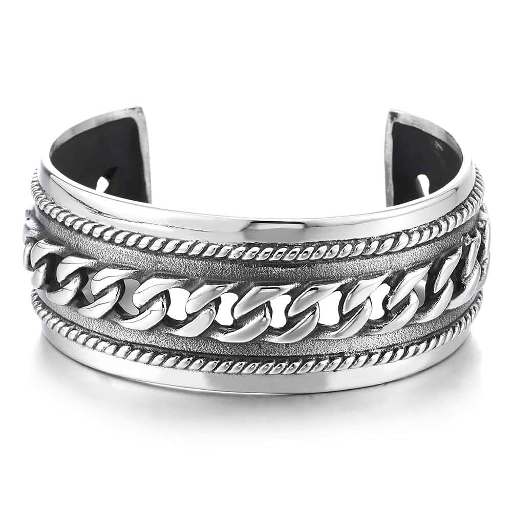 COOLSTEELANDBEYOND Mens Stainless Steel Curb Chain Bangle Bracelelt, Masculine Wide Cuff Bracelet with Braided Border and Antiqued Finish