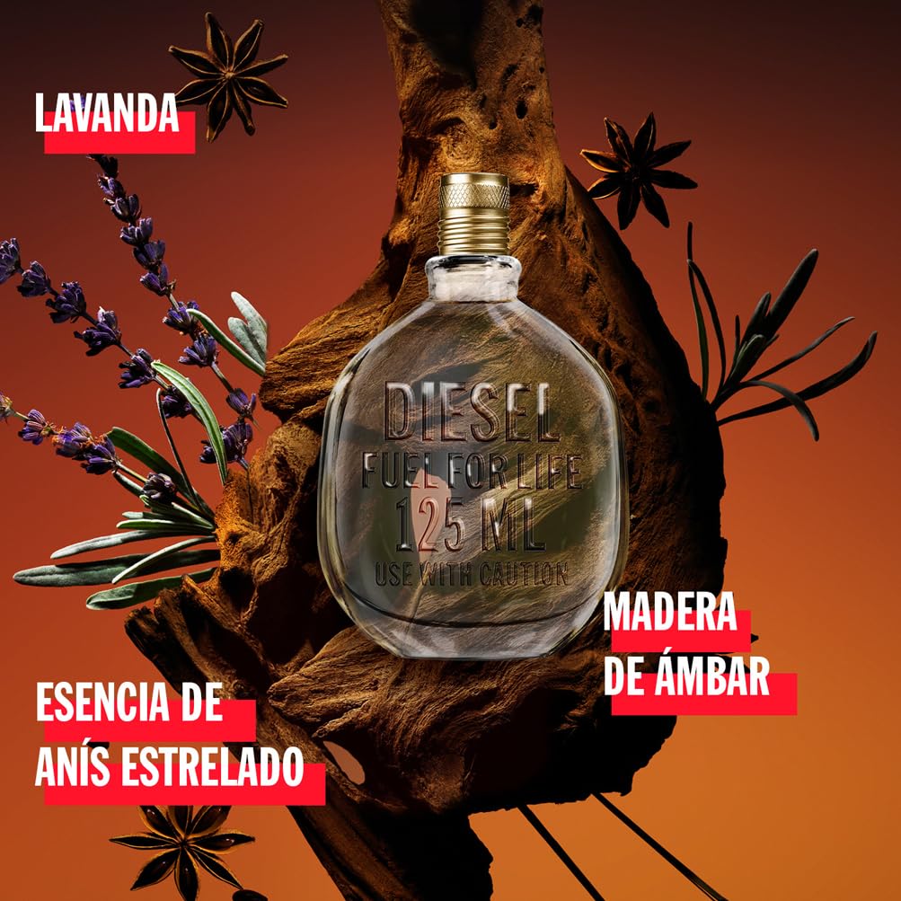 Diesel Fuel for Life, Agua de Perfume para Hombre en Vaporizador Spray, Fragancia Sensorial, 125 ml | Familia fougère, con pomelo, pimienta rosa, lavanda y heliotropo, para un aroma sensual y adictivo