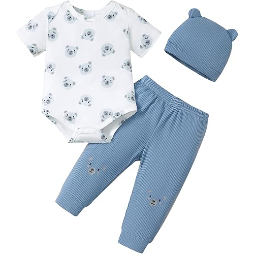 SUNNY PIGGY Baby Boy Clothes Newborn Infant Boys Outfits Romper Hat Pants 3PC Set 0-3 3-6 6-12 12-18 Month Clothing Gift