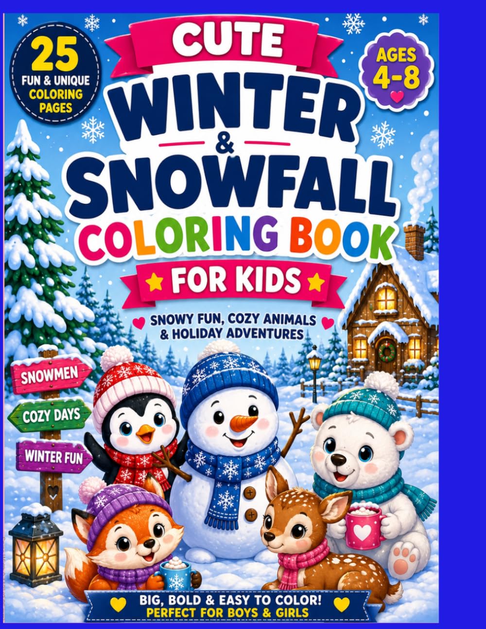 Cute Winter and Snowfall Coloring Book for Kids: 25 Big and Bold Designs of Snowy Animals, Snowmen, and Winter Scenes for Toddlers and Kids Ages 4-8