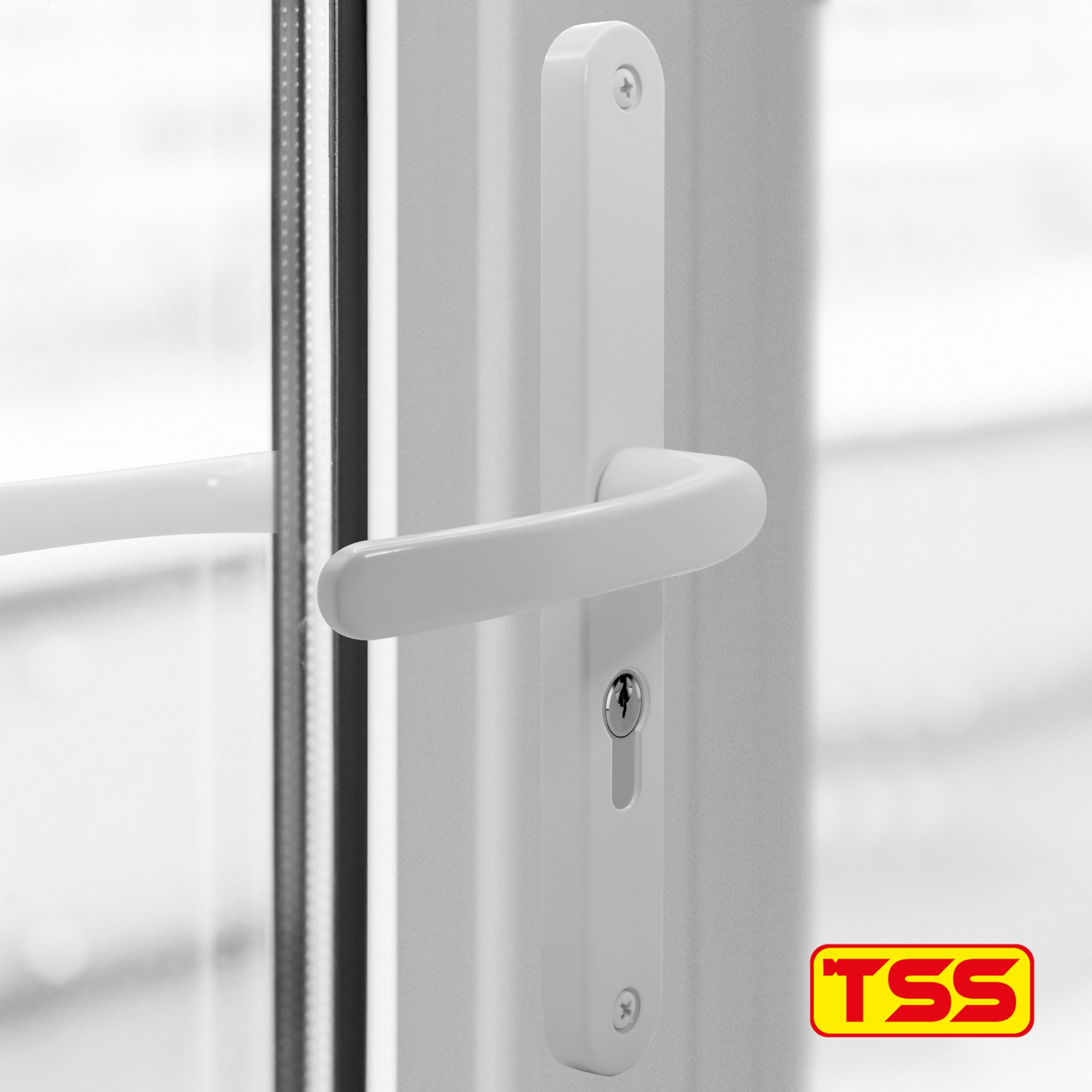 TSS Lever Style UPVC Door Handle Set, 48 PZ Centers, 215 Screw Spacing, White Backplate 246x32, 48mm PZ (Centres) - Image 3