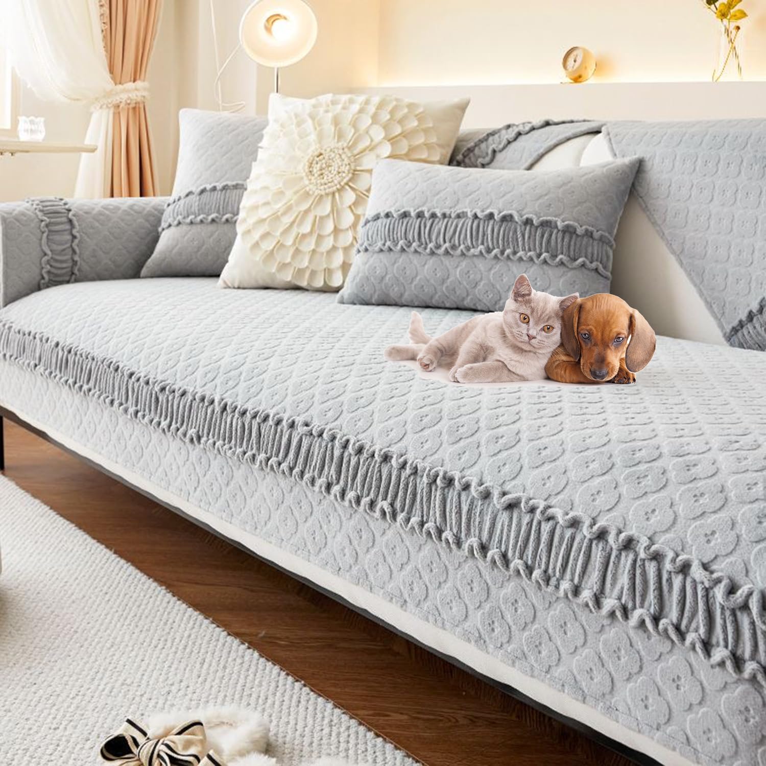 Funda de sofá felpa para protector de muebles mullido gris de 2 3 y 4 plazas 110x240