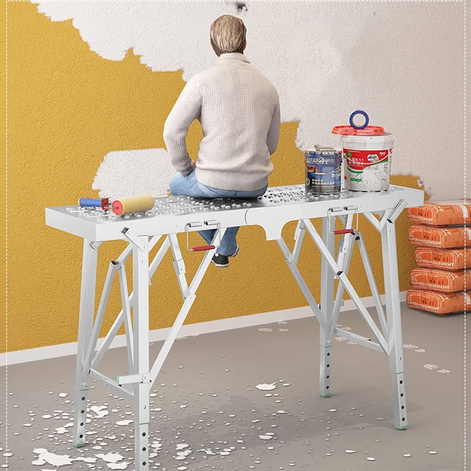 Tragbare, zusammenklappbare Gerüst-Arbeitsbühne, höhenverstellbar, multifunktional, 200 x 25 cm, Arbeitsbank, Trittleiter für Bau und Zuhause