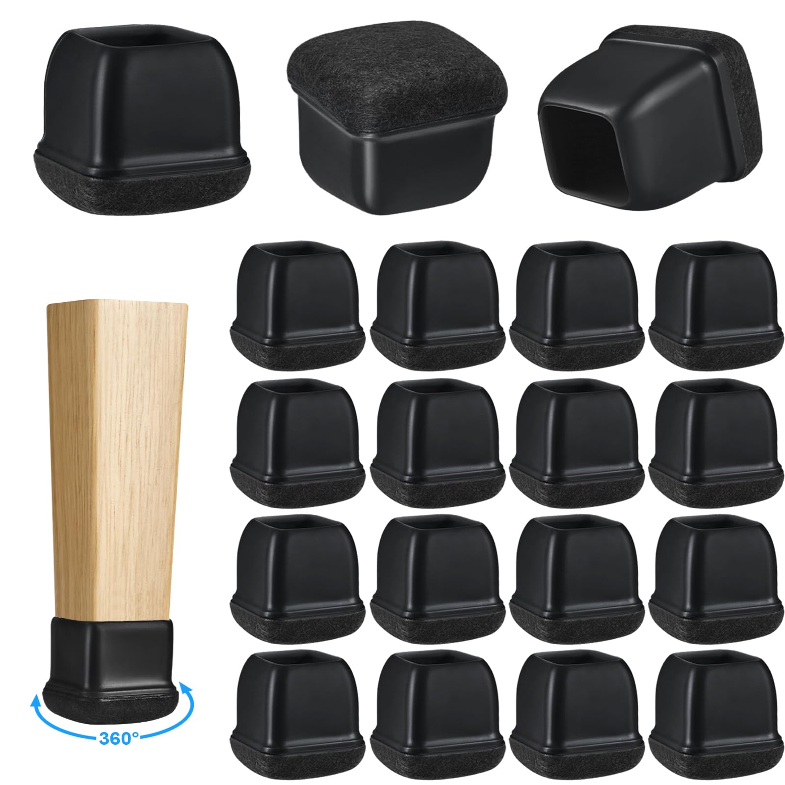 16 Pack Chair Leg Floor Protectors for Hardwood Floors, Square Rubber Furniture Sliders, 360°Felt Pad Bottom Wrapped Thickening Silicone Furniture