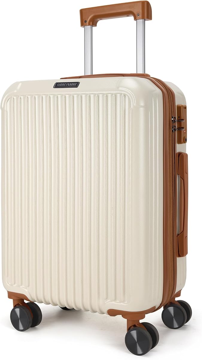 LIGHT FLIGHT 20 Inch Carry On Luggage 22x14x9 Airline Approved, Beige Brown | Durable ABS hardshell suitcase with TSA lock, 20% expandable capacity from 35L to 42L, silent 360 spinner wheels