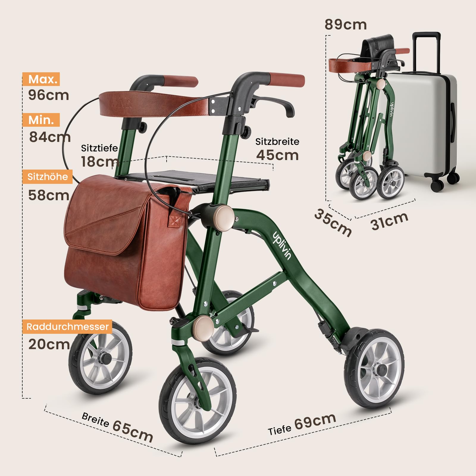 Rollator Faltbar und Leicht mit Sit,1-Schritt Klapp ohne Bücken,Höhenverstellbar, Leicht & Rollator schmal für Wohnung und Outdoor,Gehwagen mit Bremse, All-Terrain Räder