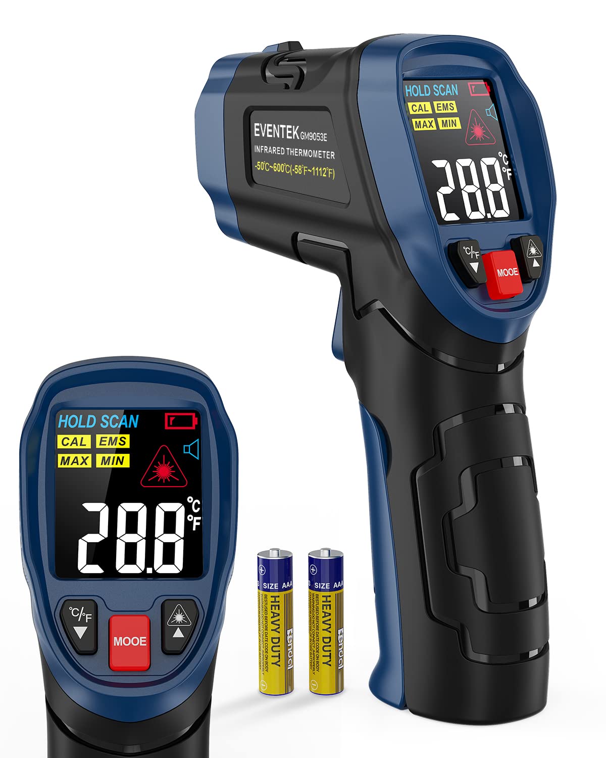 Eventek Infrarot Thermometer, -50°C ~ 600°C Temperaturmessgerät, 0,1-1,0 Einstellbarer Emissionsgrad Laser Thermometer, Farbiger HD-Bildschirm Thermometer für Küche, Pizza, Kühlung, Industrie, Blau