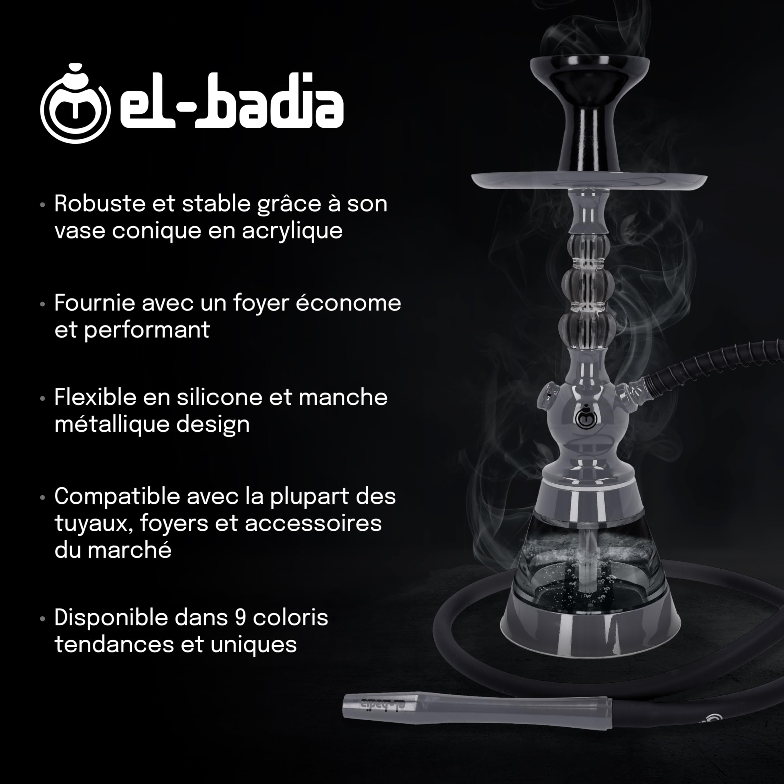 Shisha EL-BADIA CELESTE - 45 cm - Cachimba ligera con jarrón acrílico, manguera de silicona, mango de metal y fooyer Phunnel - Diseño iónico y colores de moda (Nardo Grey)