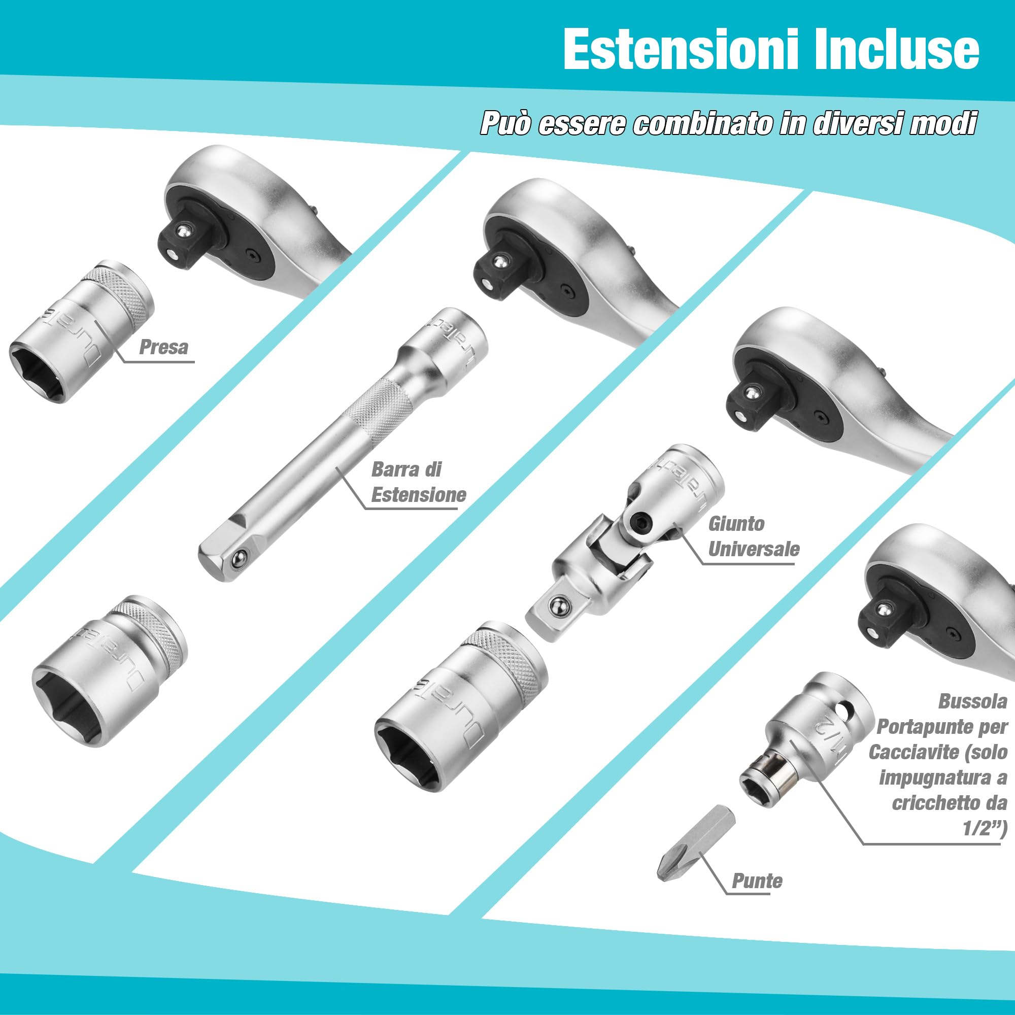 DURATECH Set di Chiavi a Bussola 108 Pezzi, 1/2" e 1/4" | Cricchetto a 72 Denti, Cr-V, con Scatola, Include Cacciavite e Punte, Ideale per Riparazioni e Lavori Meccanic