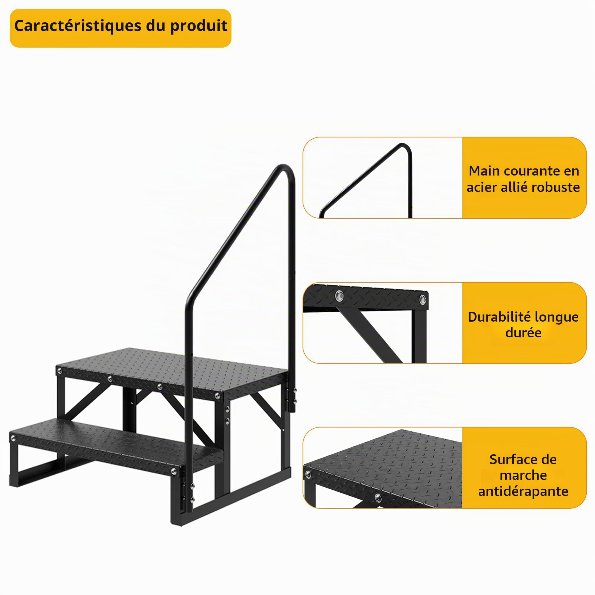 Marchepieds pour Camping Cars 2 Marches Mains Courantes pour Caravane Escabeau de Caravane Charge 300 kg Portable Sécurité Renforcée Marchepied Robuste avec Double Rampe Double Main Courante