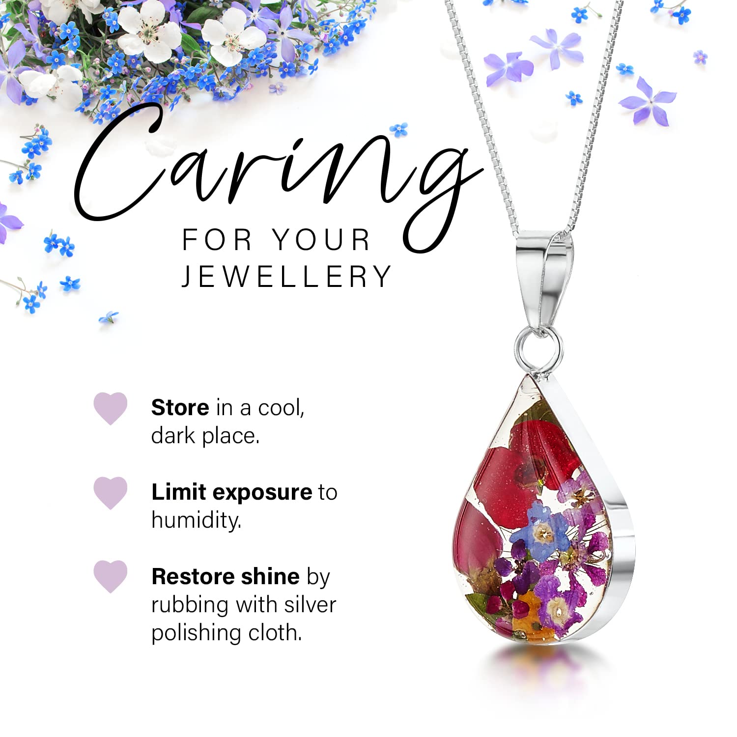 Shrieking Violet® - Collana con fiori veri e propri in argento Sterling con pendente a goccia con fiori viola