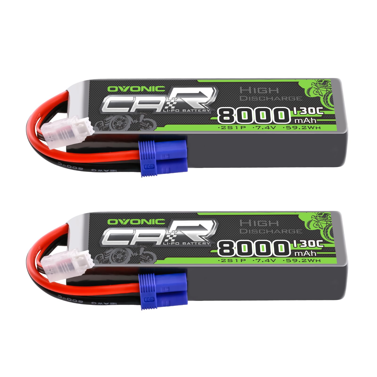 OVONIC 2S LiPo Battery 8000mAh 7.4V 130C RC Battery with EC5 Connector (2 Pack)