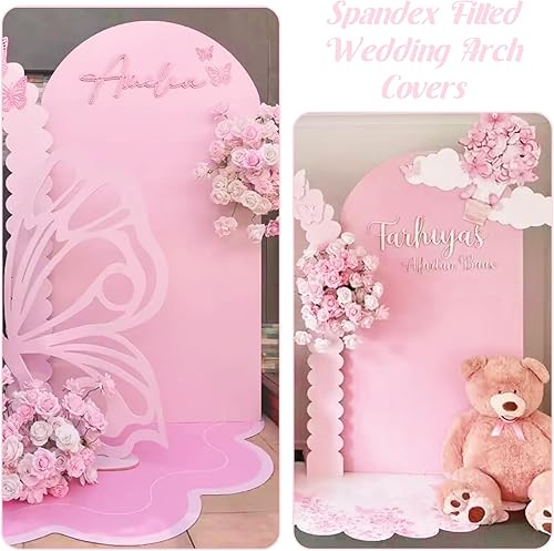 Miniatura 8 de Cubierta de arco de boda ajustable de elastano de 7.2 pies, cubierta de fondo de arco rosa con parte superior redonda para boda, fiesta de