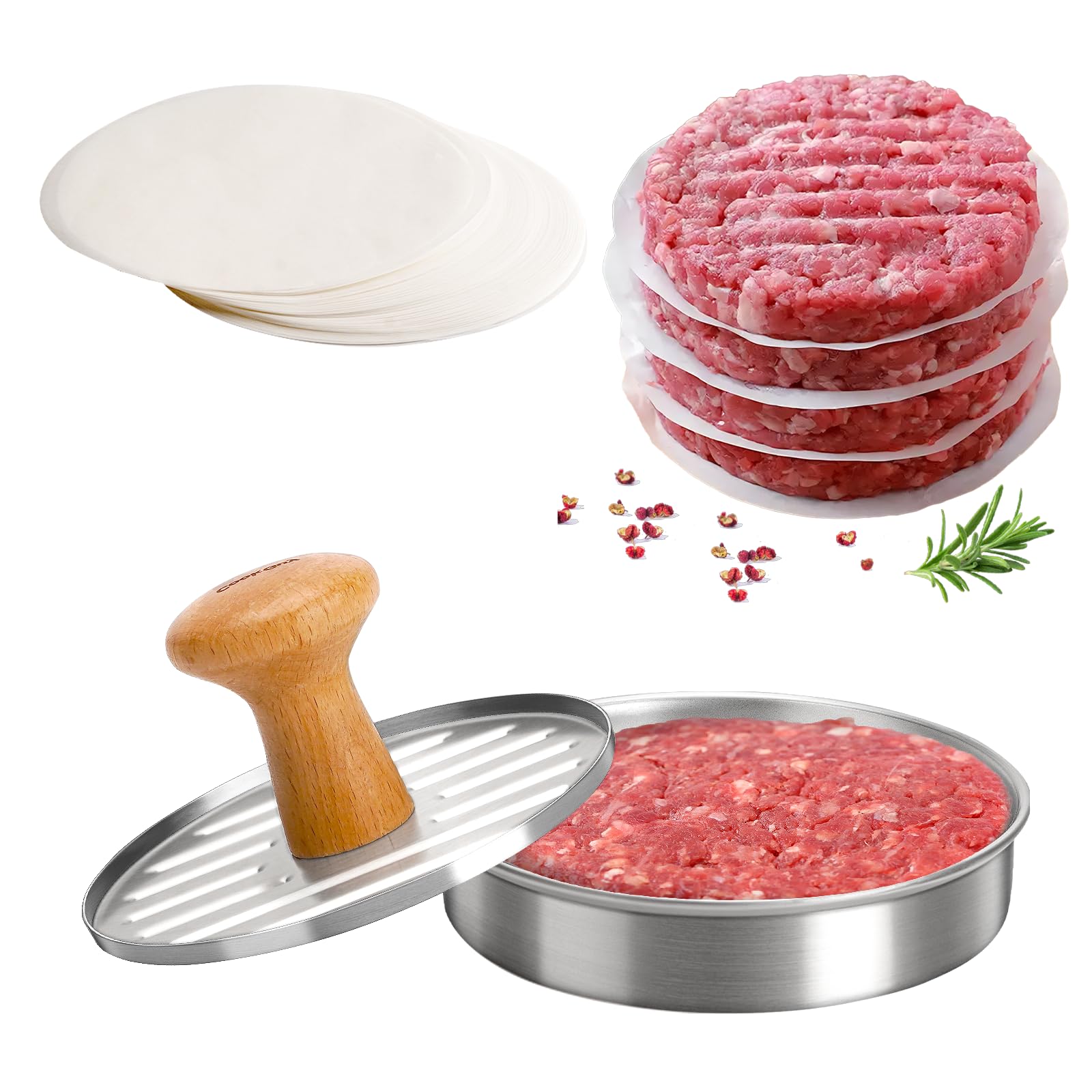 HavenChef Burger Press – Food-Grade Stainless Steel Press with 100 Non-Stick Papers & Dishwasher Safe – Perfect for Burgers in Grilling, Roasting, or Kitchen Cooking!