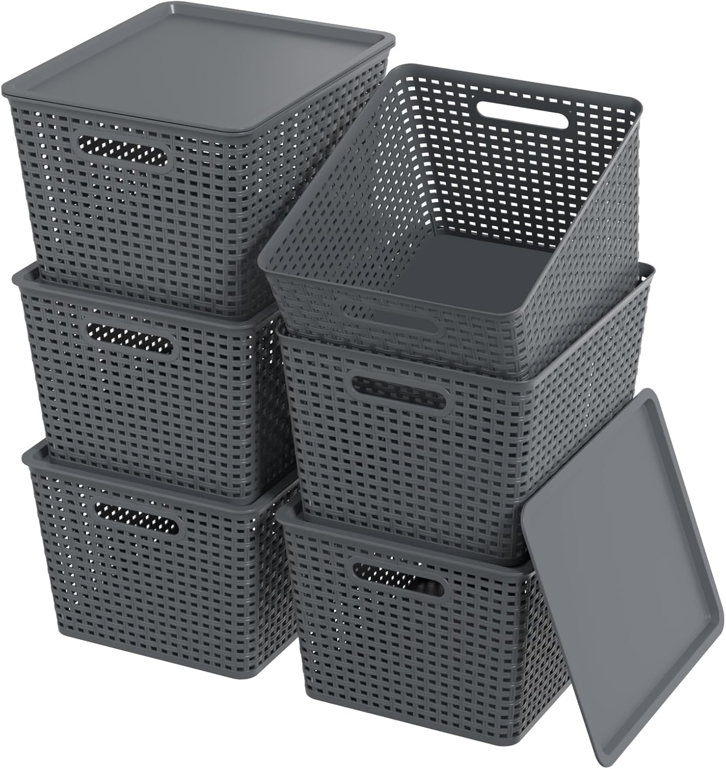Large Plastic Storage Baskets with Lids, Stackable Storage Bin Basket for Organizing Shelves Closet Pantry, 14.09" x 11.69" x 8.78", 6 Pack, Black