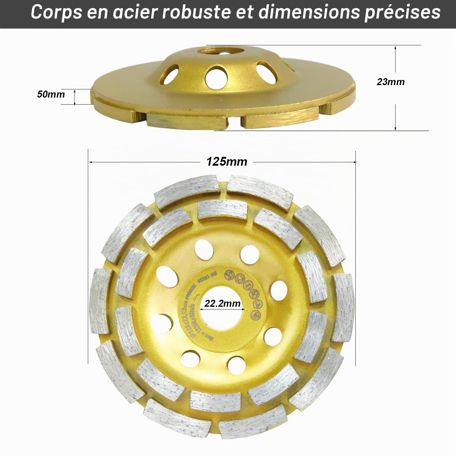 Diamant à Meuler Béton Disque Diamant Meule Assiette Diamantée 125x22,2mm Meule Diamantée Universel pour Poncer Béton Pierre Marbre Granit Chape Maçonnerie Disque Meuleuse Double Rangée