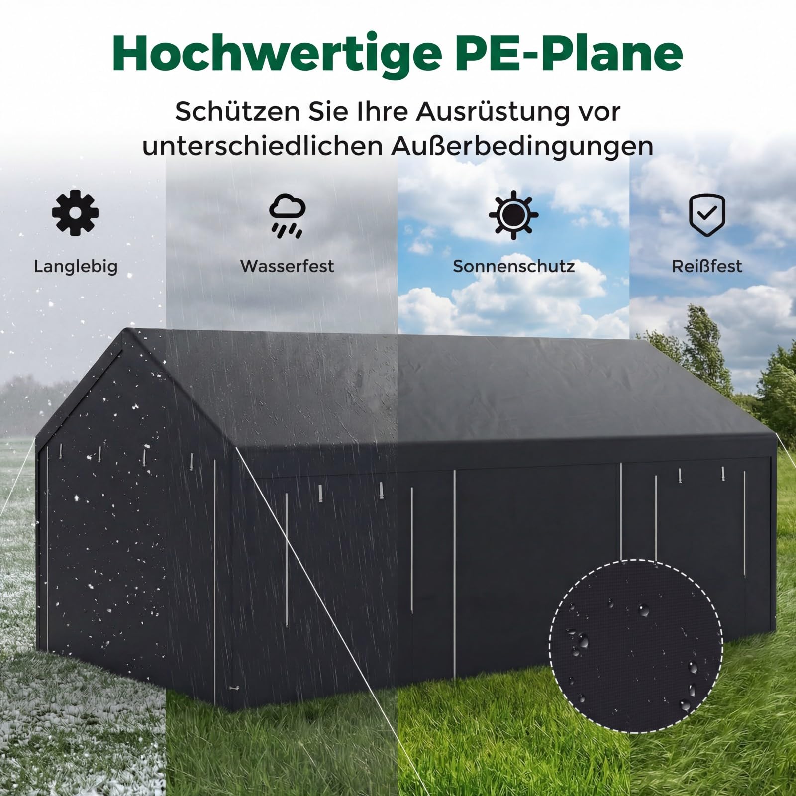 GYMAX extra großes Carport Zeltgarage, Lagerzelt mit aufrollbaren Fenstern, abnehmbaren Seitenwänden &Türen, wasserfeste PE-Plane, wetterfeste Autogarage für Auto, SUV (3.6 x 6 m,Dunkelgrau)
