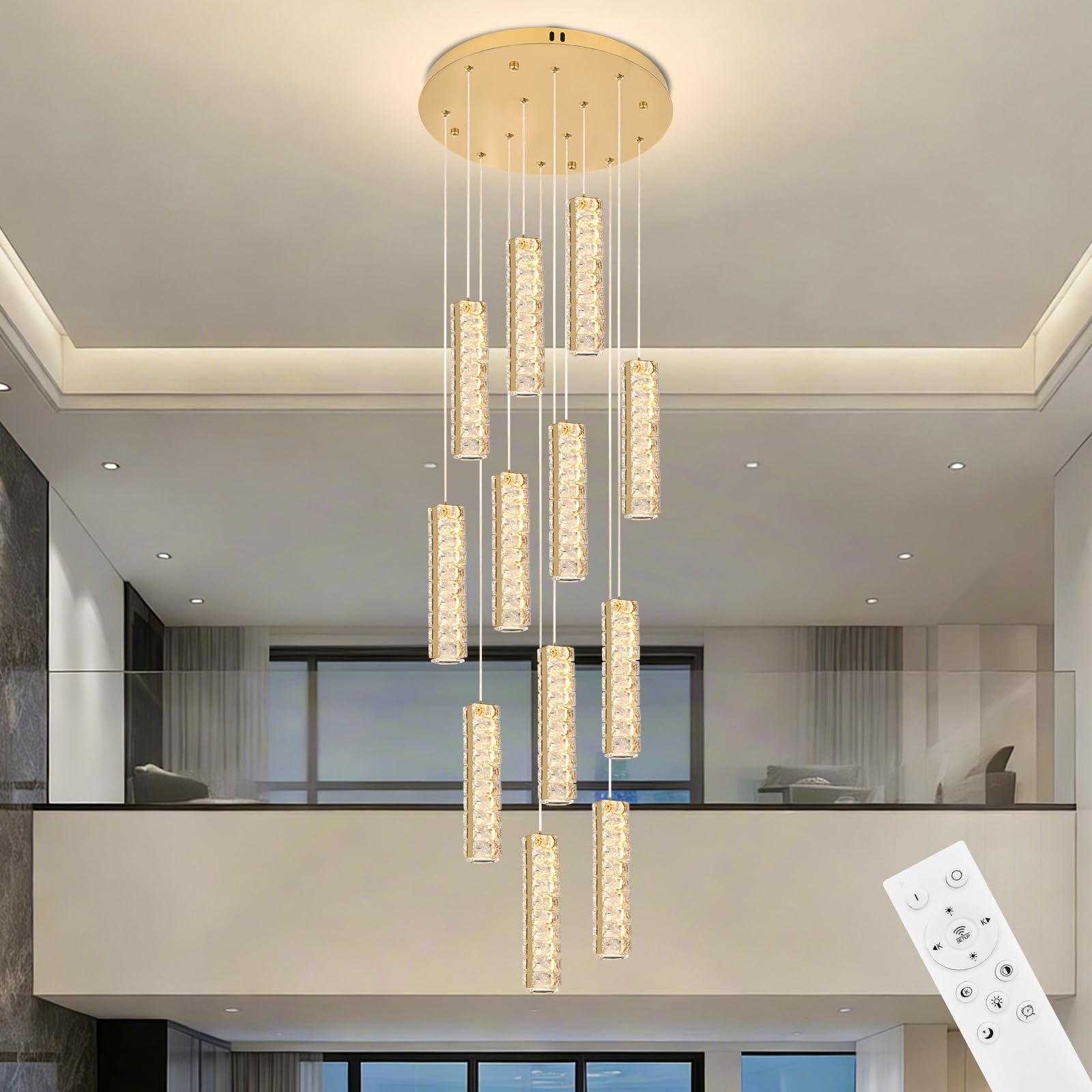 diisunbihuo 12 Light Crystal Staircase Chandelier, Dimmable 3CCT LED Cluster Pendant with Remote Control, Adjustable up to 3m, Copper Gold Tone, Modern Ceiling Light for Foyer, Stairwell, High Ceiling