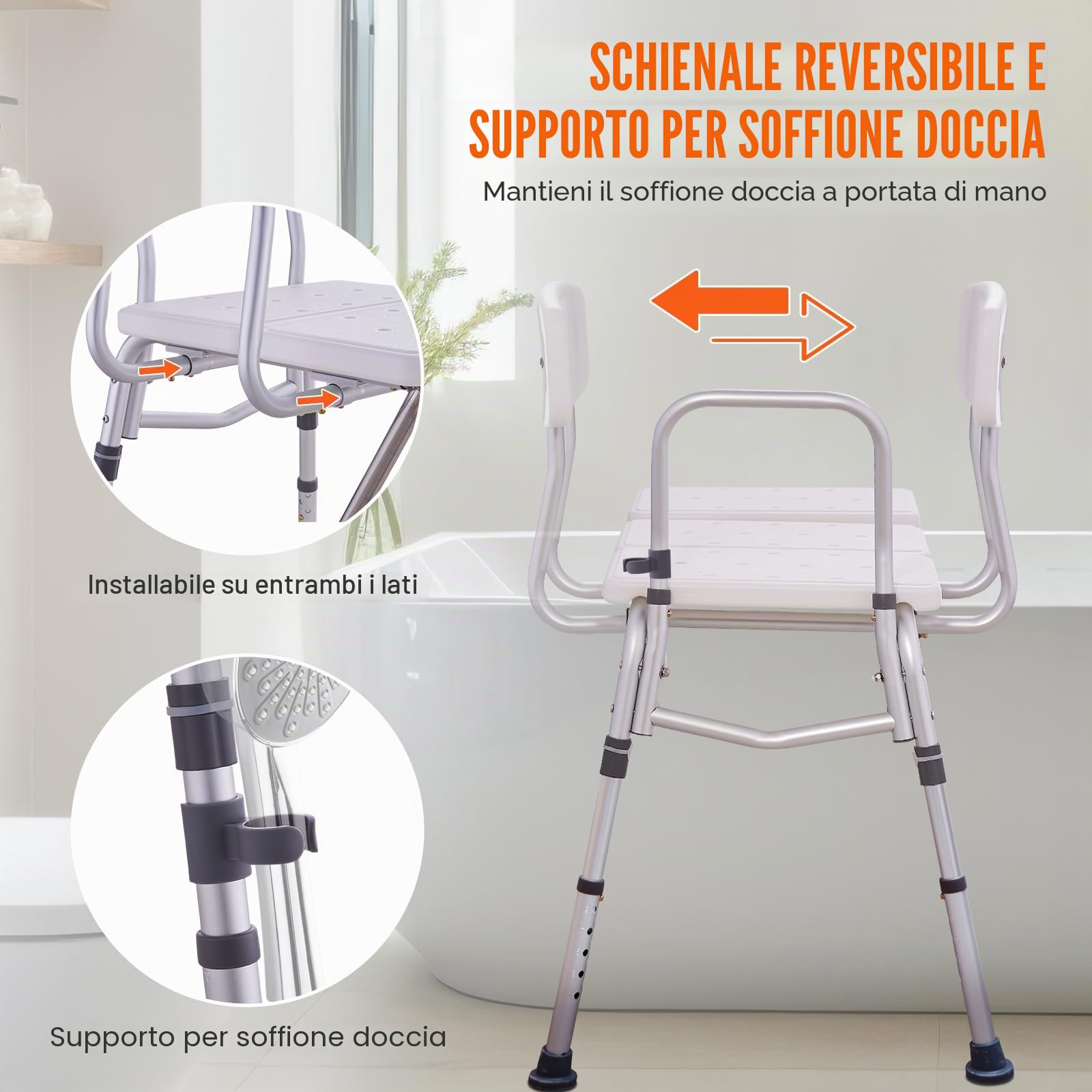 VEVOR Panca di Trasferimento per Vasca 920 x 610 x 925 mm Panca di Trasferimento per Vasca Regolabile con Protezione per Tende a Forma di U, Schienale Reversibile, per Anziani Disabili, Carico 180 kg