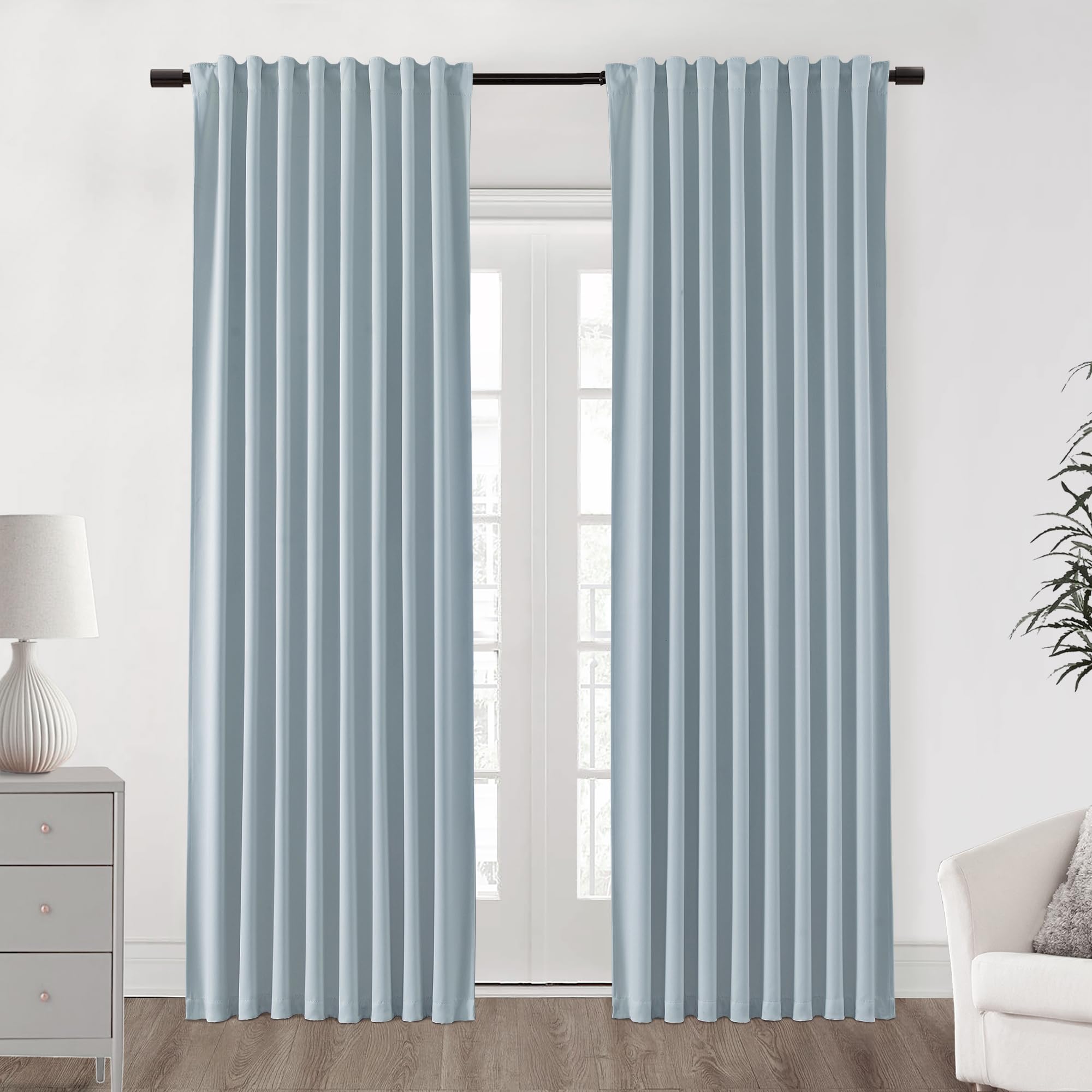 SHINELAND Baby Blue Black Out Curtains 96 Inches Long 2 Panel Set,Serena Coastal Cottage Light Weight Blackout Chinoiserie Curtains for Bedroom Living