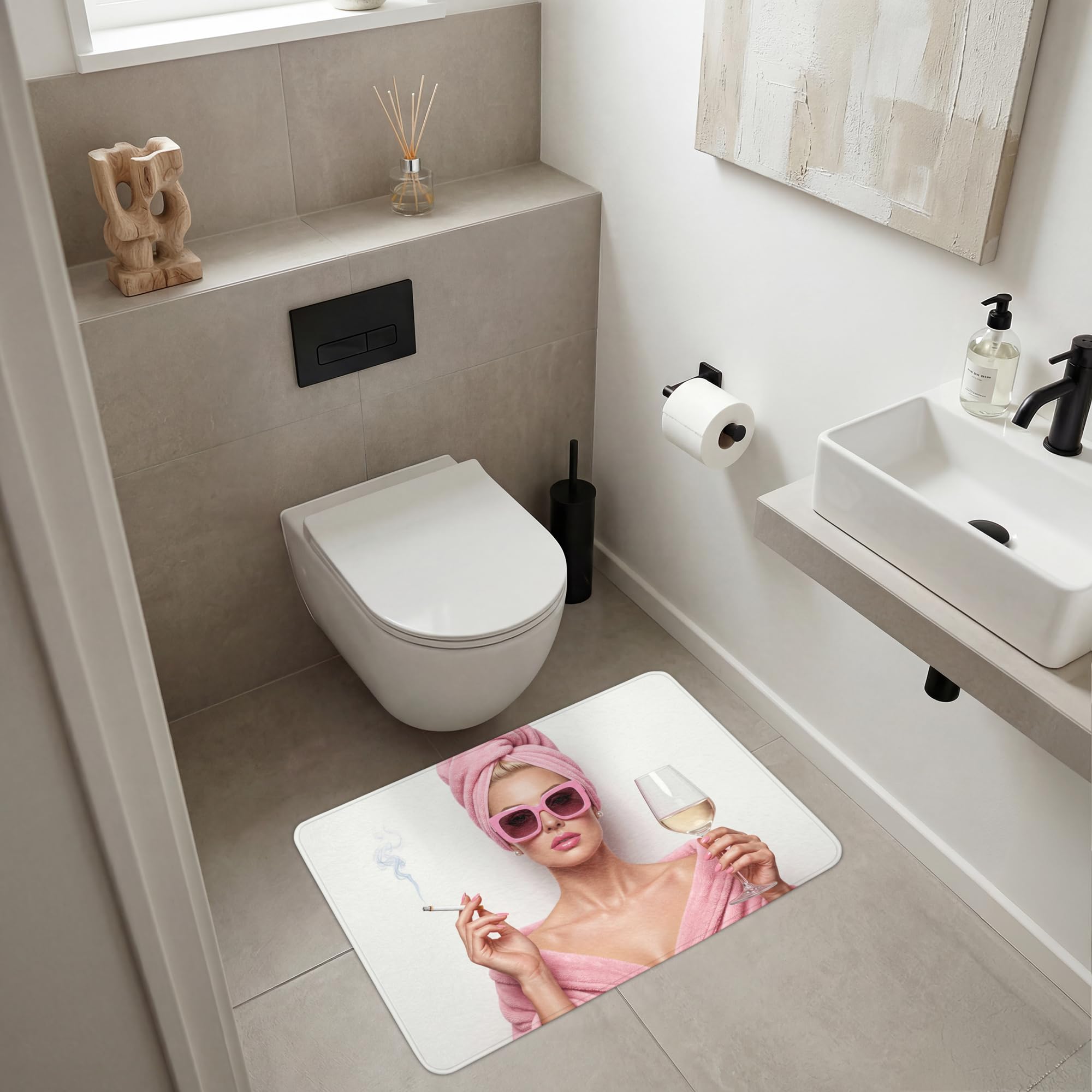 Alfombra Baño Rectangular 90x60 cm Decoracion Bathroom Mat Non Slip Shower Lavable Antideslizante Alfombrilla Tapete Banheiro Mujer - Rosa - Vino - Gafas de Sol