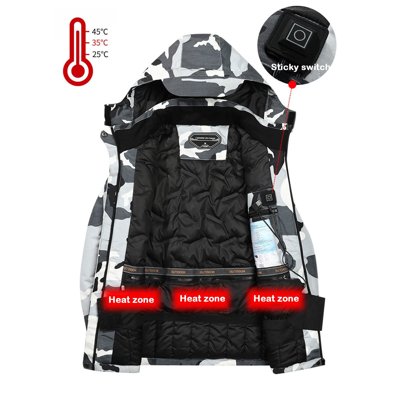 Generisch Chubasquero ligero para mujer Charging Soild Hat Chaquetas Senderismo Calefacción con Área Desmontable Chaquetas Terciopelo Calefacción USB Cálido 3 Color a Prueba de Viento Abrigo