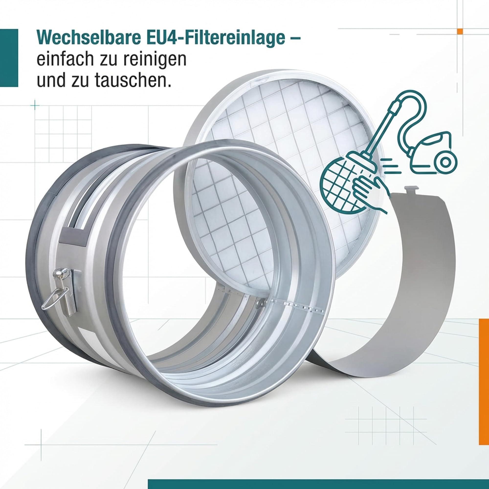 Easy Act Grobstaubfilter rund Ø 150 mm für Zuluft, Rohrfilter aus verzinktem Stahl zur Grobpartikel-Filtration in Lüftungssystemen