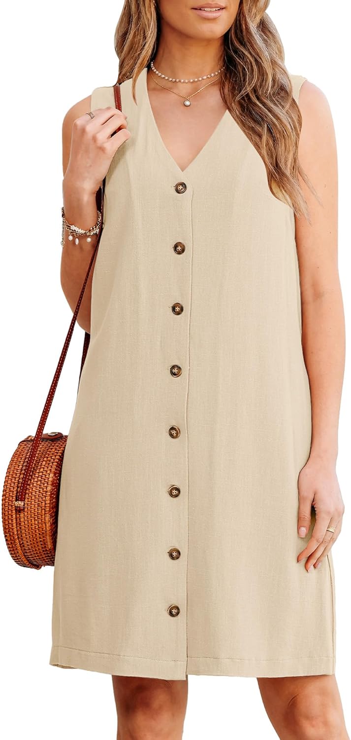 GPAPENT Linen Dresses for Women Summer Casual Sleeveless Button Down V Neck Pocket Self Tie Knee Length Loose Sun Dress