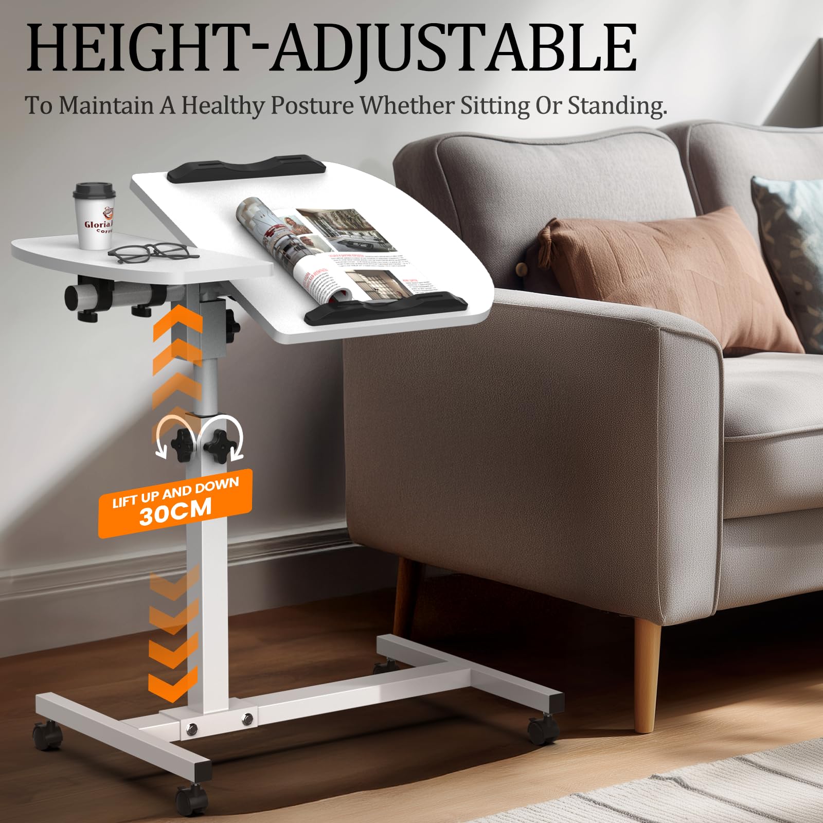 Huracan Table de lit avec roulettes pour ordinateur portable, réglable en hauteur, 59 à 89 cm, double plateau 40 x 40 et 20 x 40, mobile, table de chevet, pour lit d'hôpital, chambre et salon, blanche