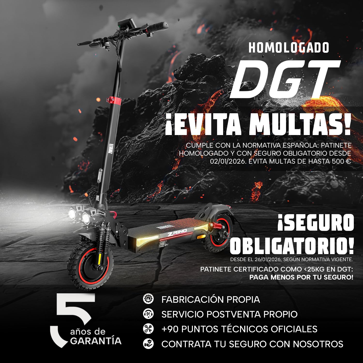 ZWHEEL ZRINO Patinete Eléctrico Adultos Homologado DGT - 600W-1200W MAX, 35-70km Autonomía, Doble/Cuádruple Suspensión Hidráulica, IP54, Ruedas 10" Tubeless/Offroad - App
