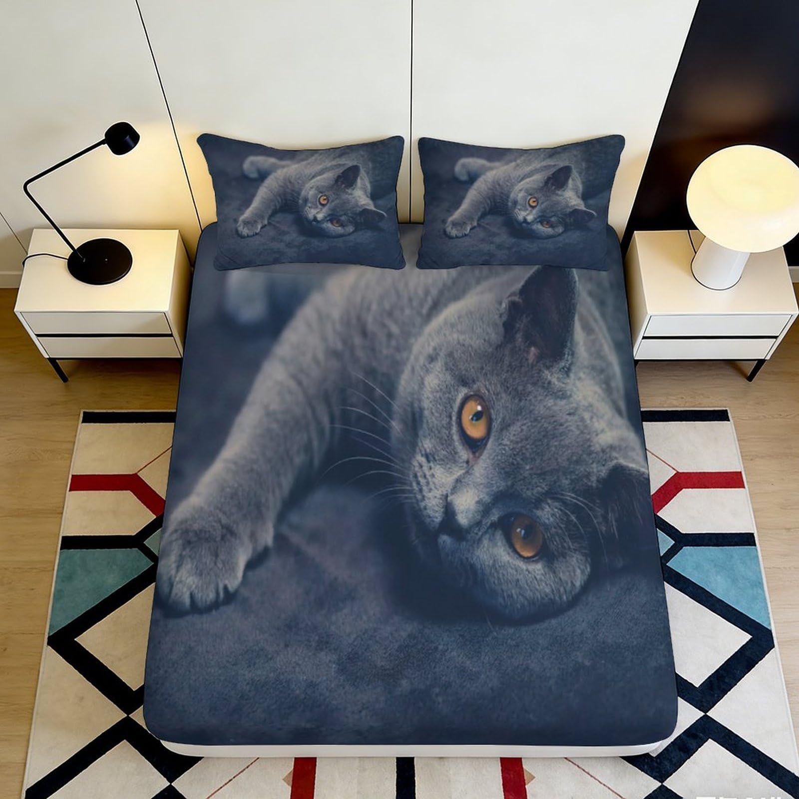 Uynsixtme Style-1 3D Printed Cat Fitted Sheet Microfiber Deep Pocket Non-Slip Bedroom Bedding Cat Mattress Fitted Cover For Adults Teens Washable 140X200x25cm