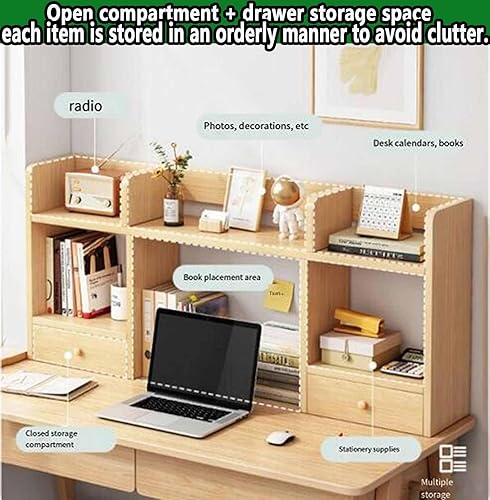 Miniatura 6 de Estantería de escritorio de 2 niveles para escritorio de computadora, organizador de estante de escritorio de madera, con cajones, estantes de