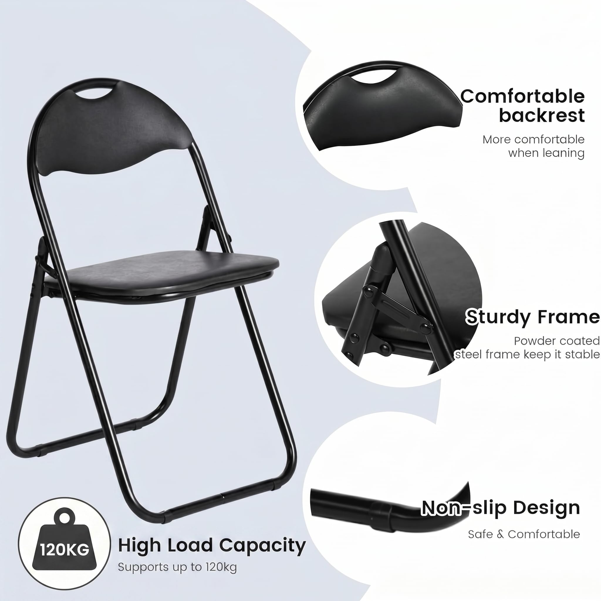 EGGREE Lot de 6 Chaises Pliantes Siège en PVC Souple Noir avec Cadre Métallique et Design de Poignée, Chaises de Camping Portables avec Capacité de Charge 120kg Idéales pour Intérieur/Extérieur