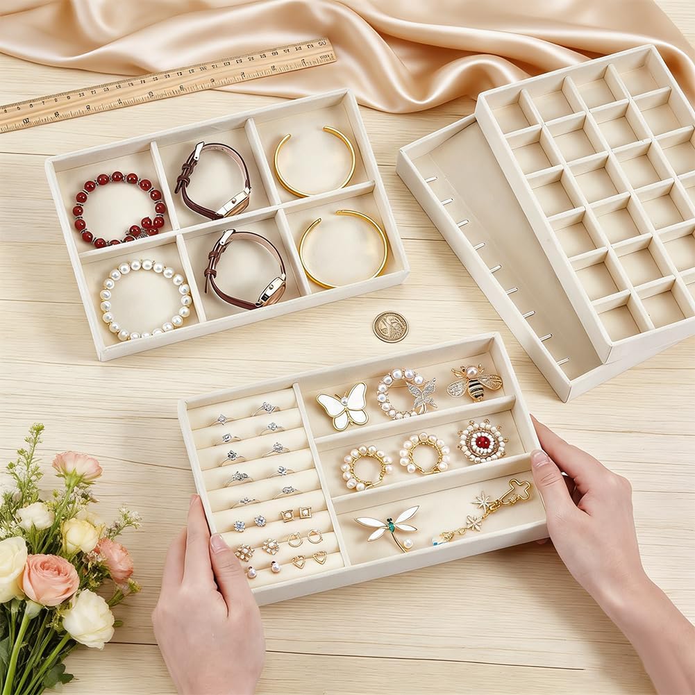 UNICRAFTALE 4 Pack Velvet Jewelry Tray Stackable Jewelry Organizer Beige Rectangle Necklace Bracelet Earring Ring Display Tray for Drawer Counter Photo Shoot 9.3x6x1 Inch
