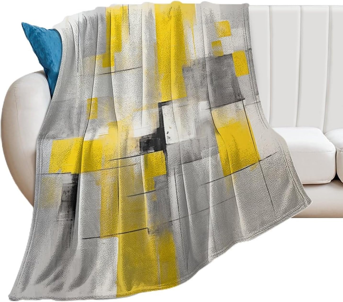 Throw Blanket Abstract Painting in Yellow Gray Squares Soft Warm Cozy Fleece Holiday Throw Blanket Yellow and Grey Abstract Flannel Warm Throw for Winter Bedding Couch and Gift 50"x60"