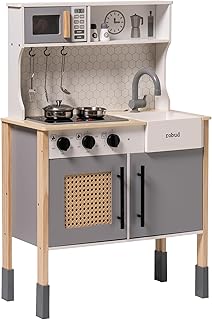 ROBUD Wooden Play Kitchen, Kids & Toddlers Kitchen Playset with Sturdy Accessories, Real Sound & Light, Toy Kitchen with Realistic Design (Gray)