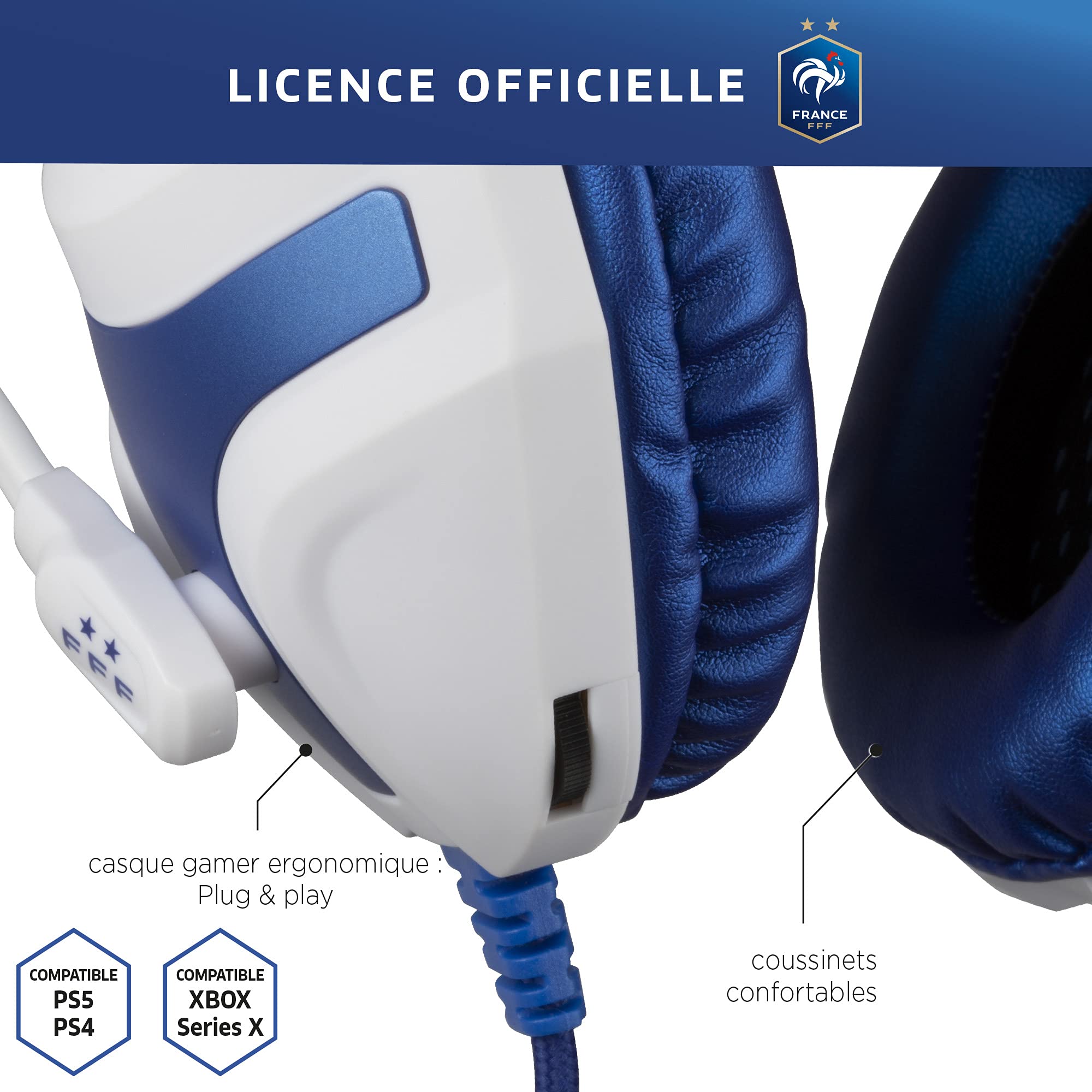Konix FFF Casque Gaming Filaire PS-400 pour PC, PS4, PS5, Switch et Xbox - Microphone 45° - Câble 1,5 m - Prise Jack 3,5 mm - Blanc et Bleu