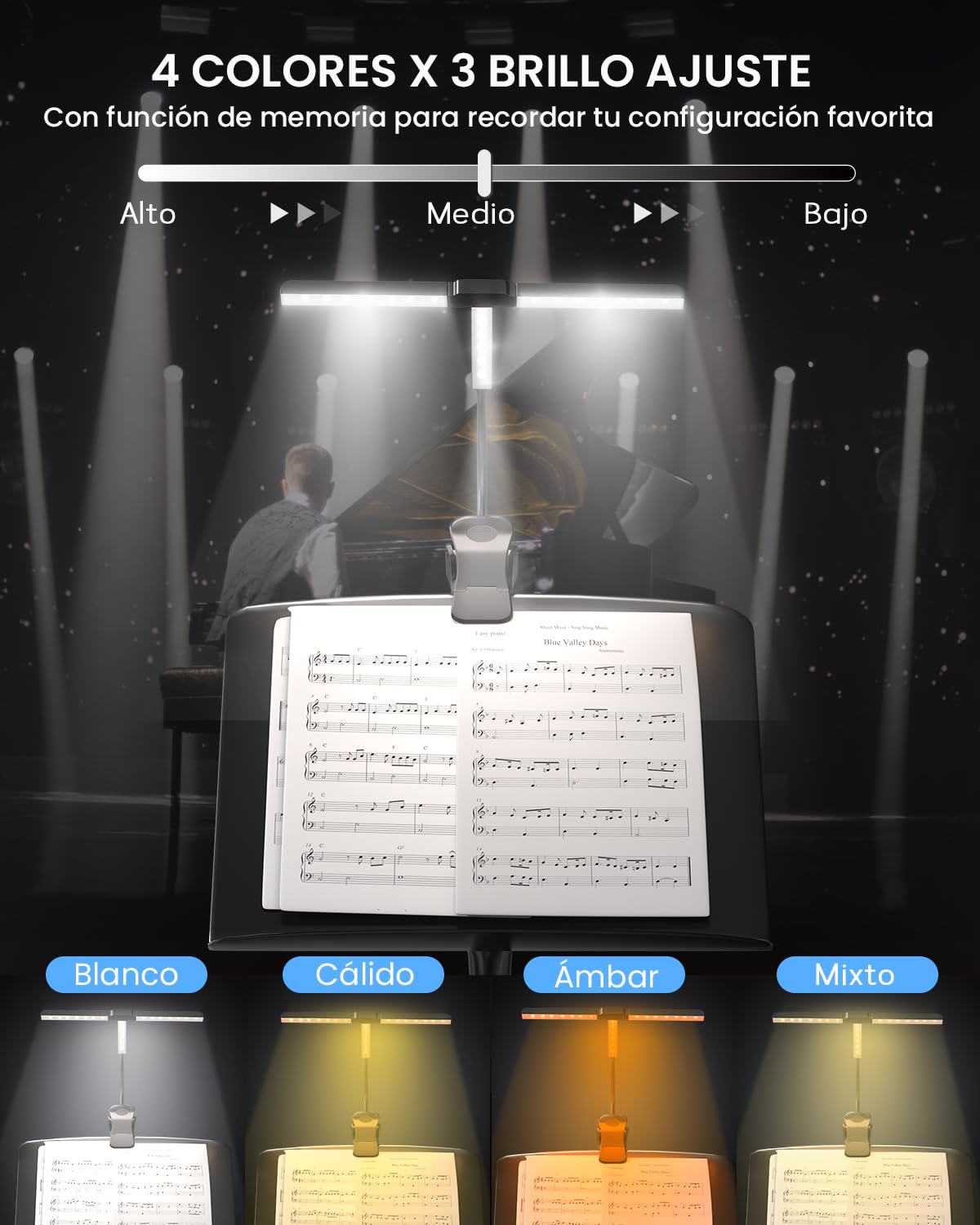 Ultra-Amplia 36CM Lampara Atril Partituras con Pinza, 57 LED Superbrillantes, 4 Colores x 3 Brillos, Plegable Forma-T Lámpara de Piano para Partituras y Lectura de Libros, Recargable USB-C