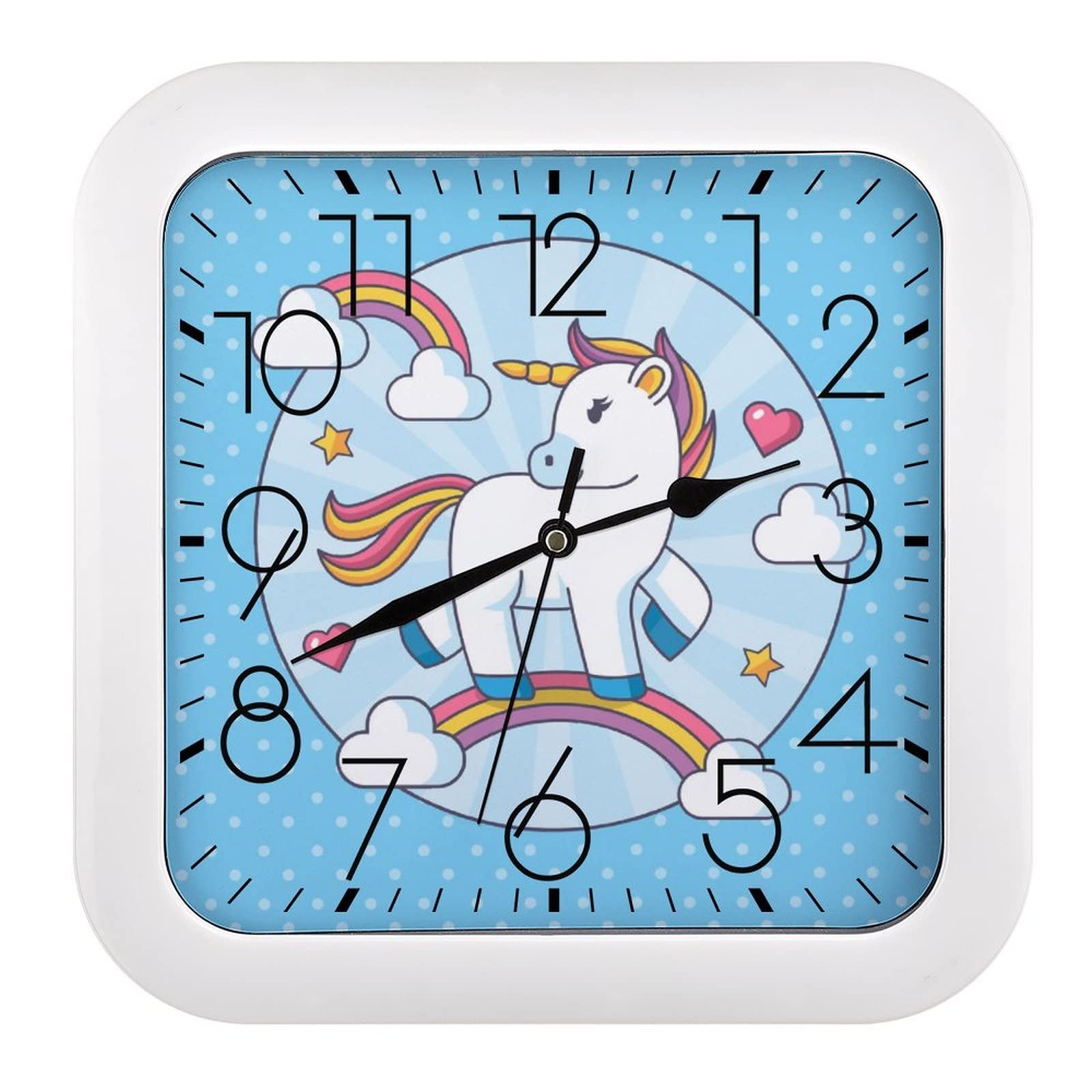 Horloge murale carrée licorne bleue grands chiffres déco salon cuisine 26cm