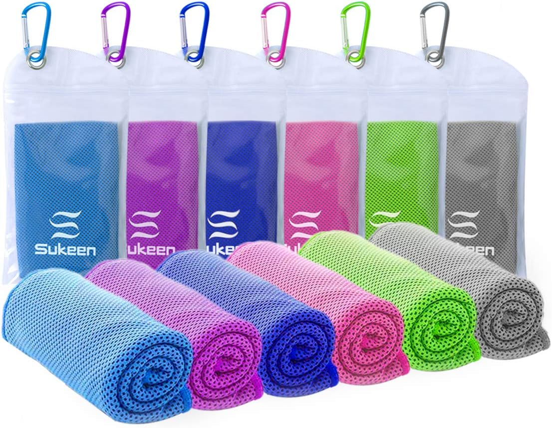 Sukeen 6 Pack Cooling Towels (40"x12"), Microfiber, Multicolor (Blue, Purple, Dark Blue, Pink, Green, Grey)