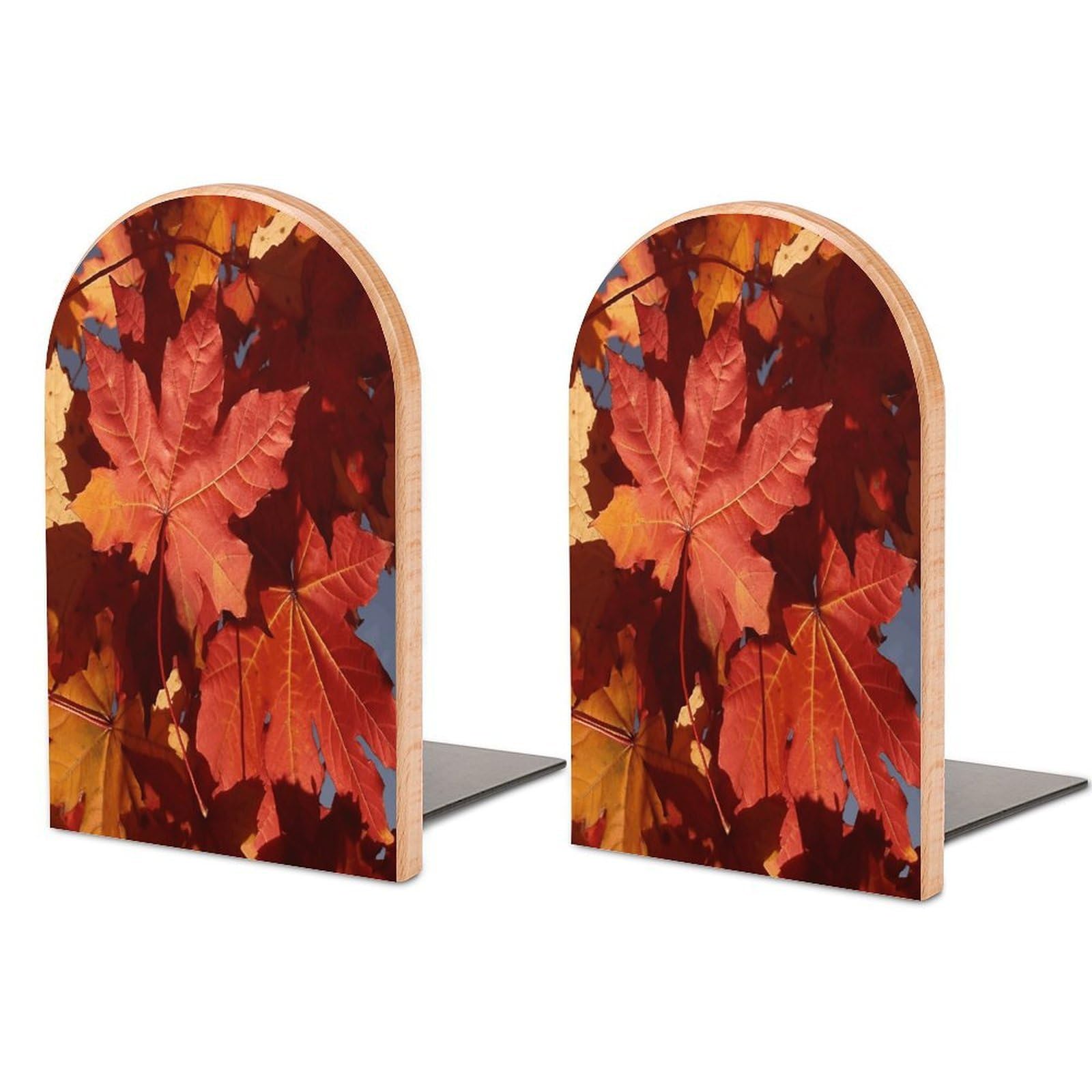 Fall Maple Leafs Bookend Wood Book End for Shelves Heavy Duty Non-Slip Wooden Bookend Support Universal Economy Bookends Fancy Modern Decorative Book Accessories 1 Pairs