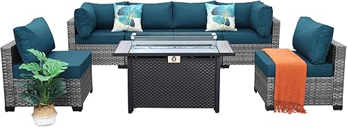 Juego de 7 muebles de mimbre para patio, juego de sofá de conversación seccional de ratán PE para exteriores con mesa para fogata, cojines