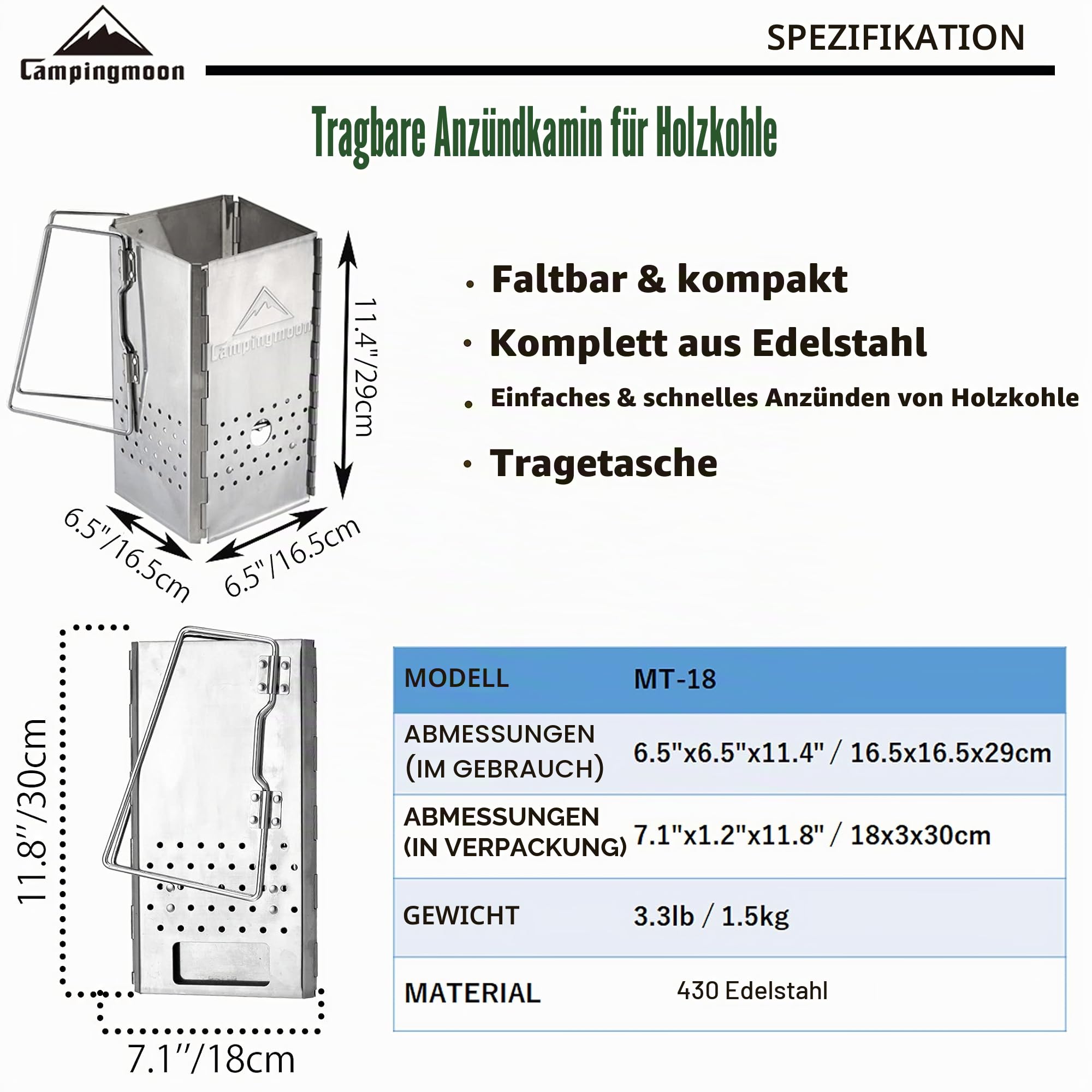 camping moon Tragbarer Holzkohle-Kaminanzünder aus Edelstahl MT-18