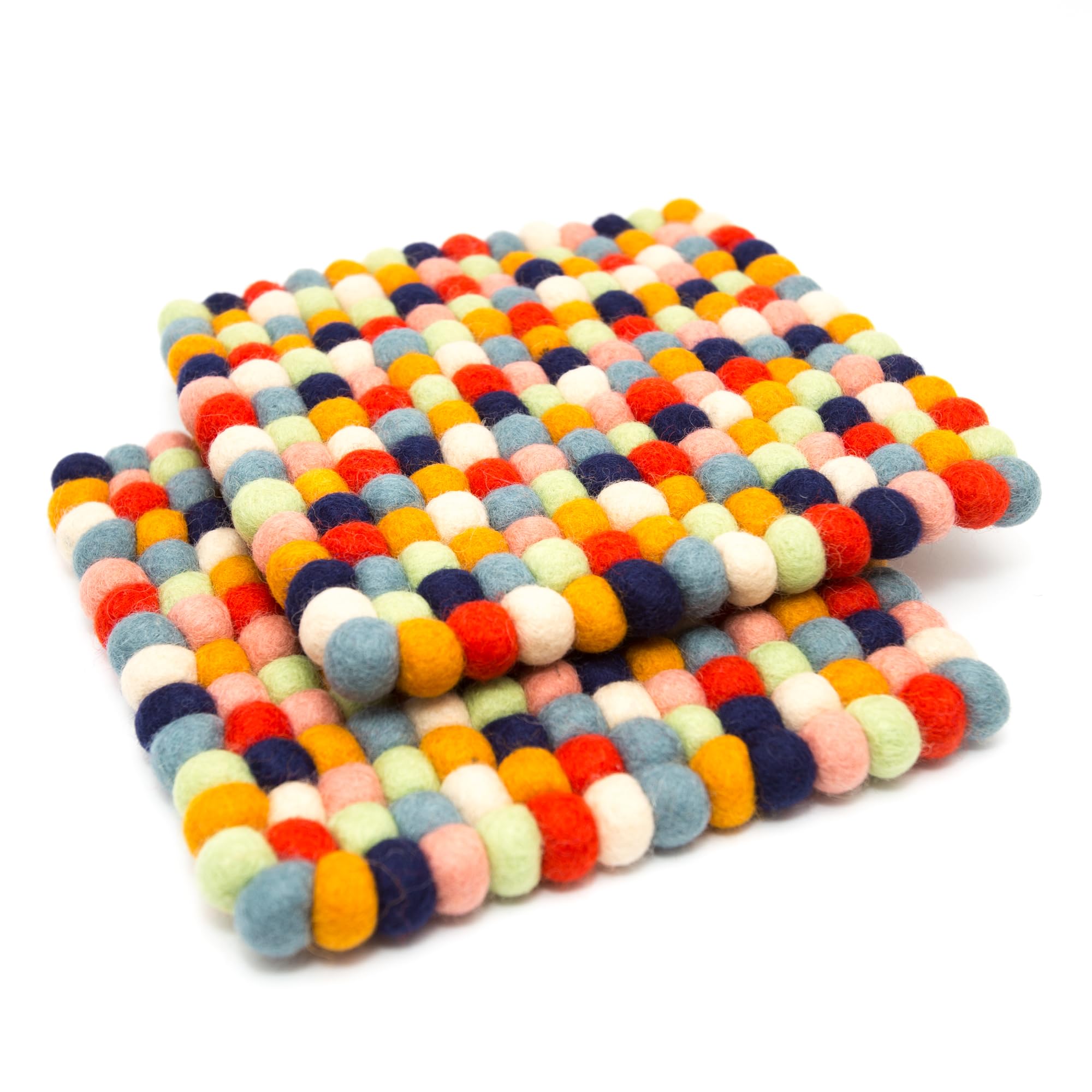 Glaciart One Felt Trivet - 2 Pc - 100% Wool, Handmade in Nepal, Multicolor 6" Square - Heat-Resistant and Durable Pot Mat for Protecting Table