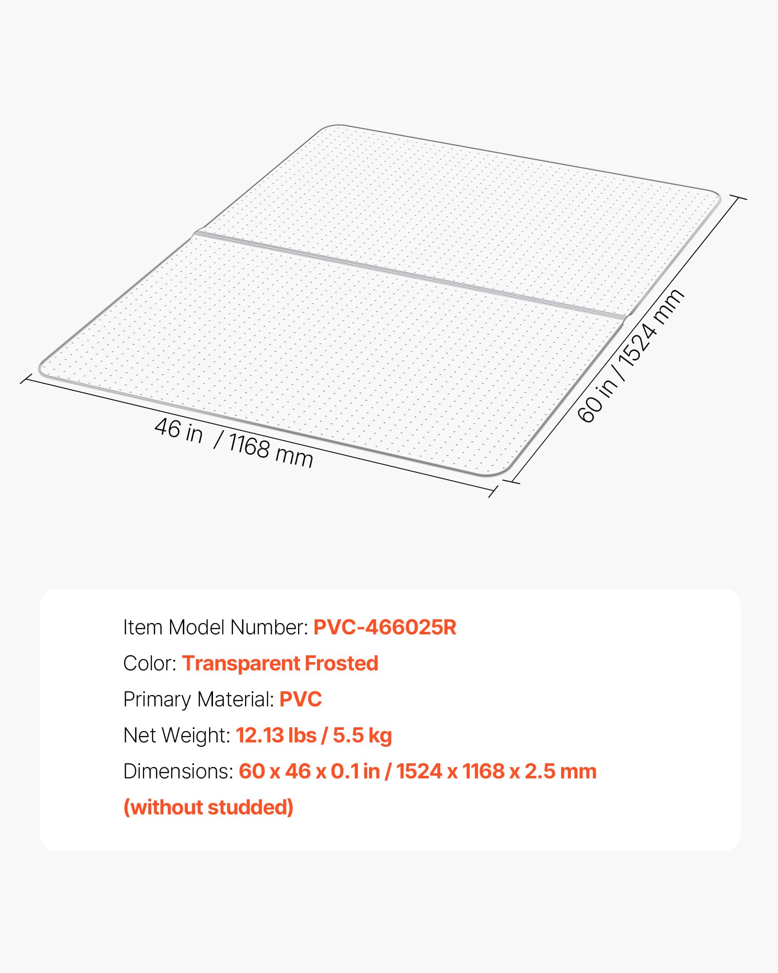 VEVOR Tapis de chaise de bureau 117,8 x 152,4 cm, tapis de protection de sol transparent avec crampons, antidérapant et facile à nettoyer, glisse lisse sous le bureau pour la maison et le bureau