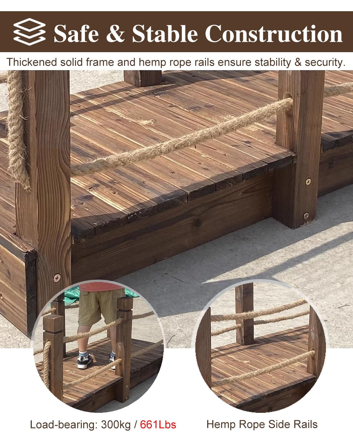 Ponte per laghetto per esterni, decorazione da giardino in legno, ponte carbonizzato per prato, patio e sentiero del capanno
