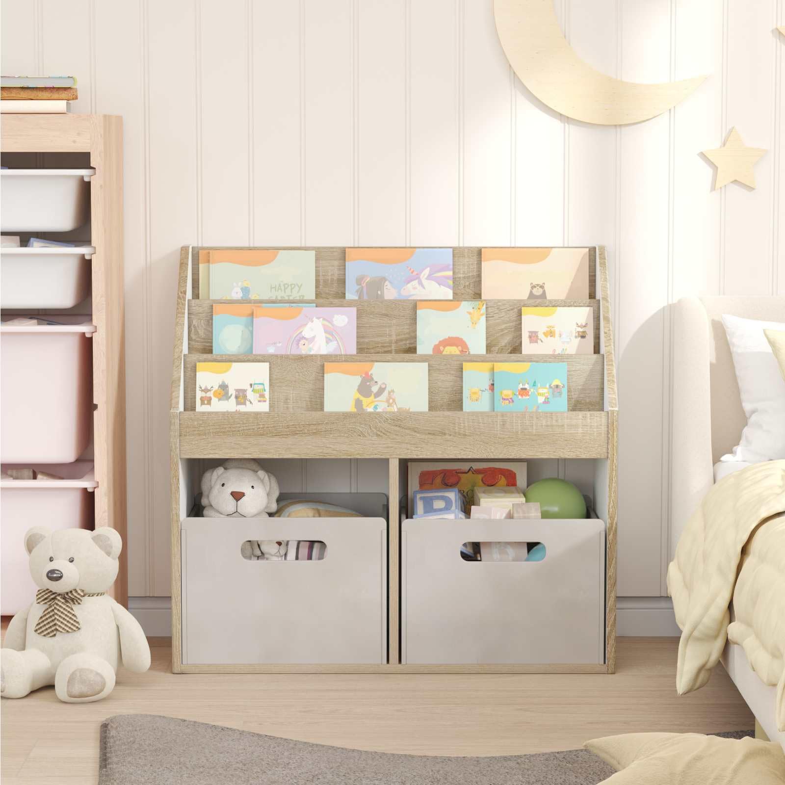Estante de almacenamiento de madera de 72,5 x 29,5 x 69 cm de madera en roble Sonoma para libros y juguetes con diseño independiente y fácil montaje