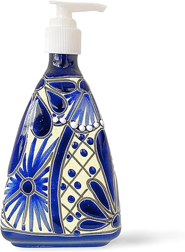 Dispensador de jabón y loción de cerámica en forma de pirámide, para encimeras de cocina o baño - Cerámica mexicana pintada a mano azul y blanco -