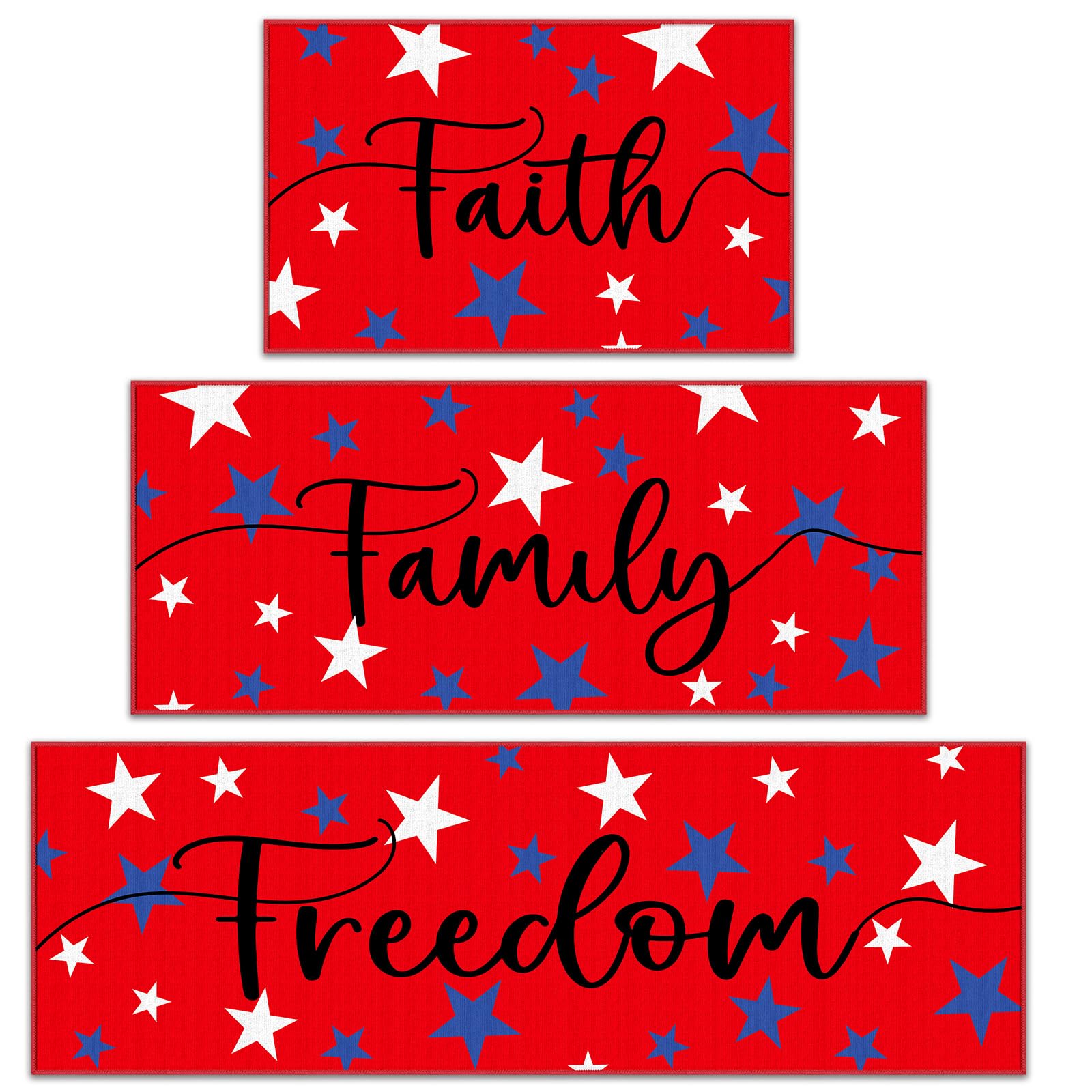 Set of 3 Patriotic 4th of July Doormat Independence Day Kitchen Rugs Star Floor Mats with Anti Slip Rubber Welcome Decorative Door Mat for Entrance Memorial Day Home Decor (Red)