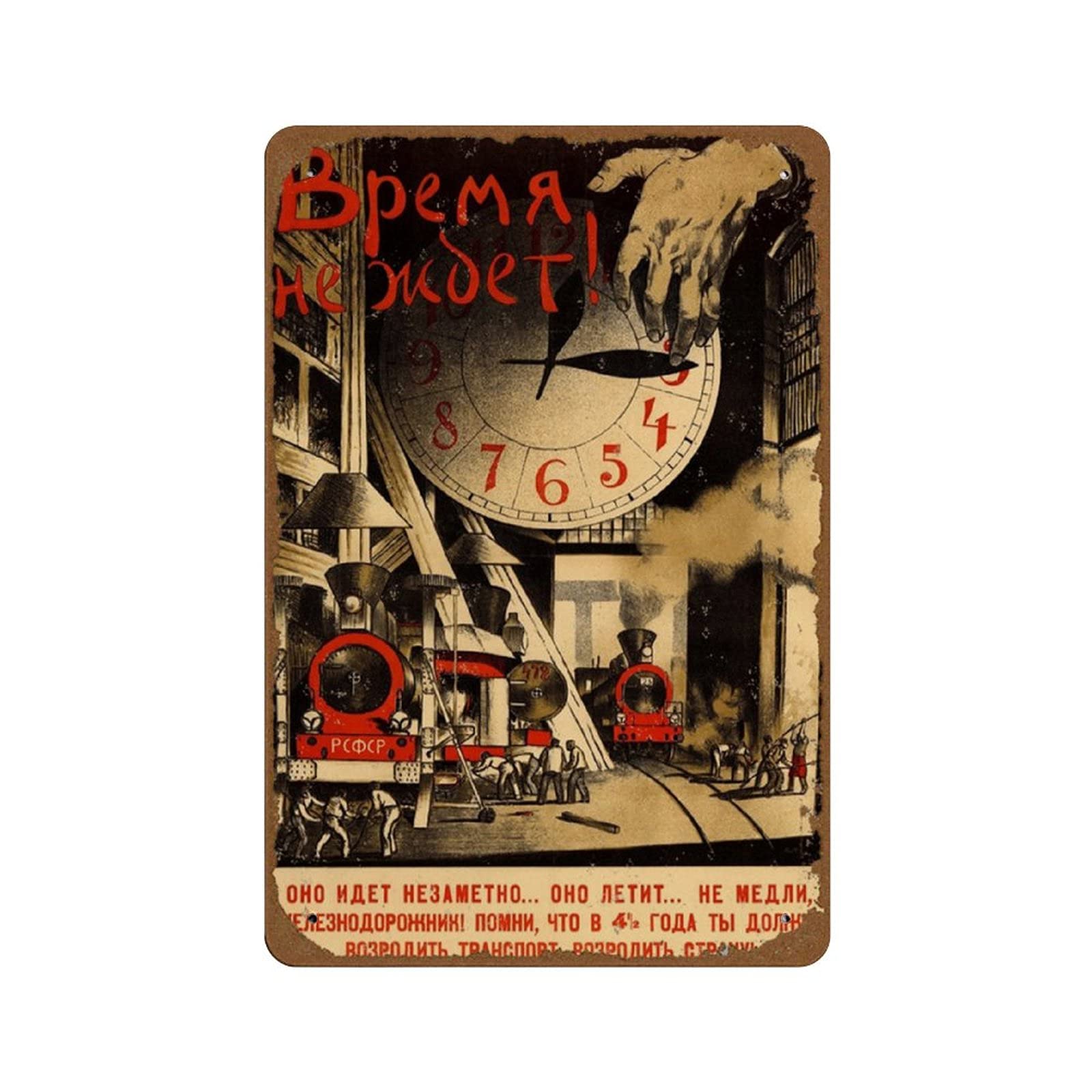 peiyeety Time is Running Out! It Goes Unnoticed It Flies 1920 Vintage Russian Soviet Communist Socialism Poster Novelty 8x12 Tin Sign Metal Poster Wall Funny Man Cave Cool Wall Door Metal Tin